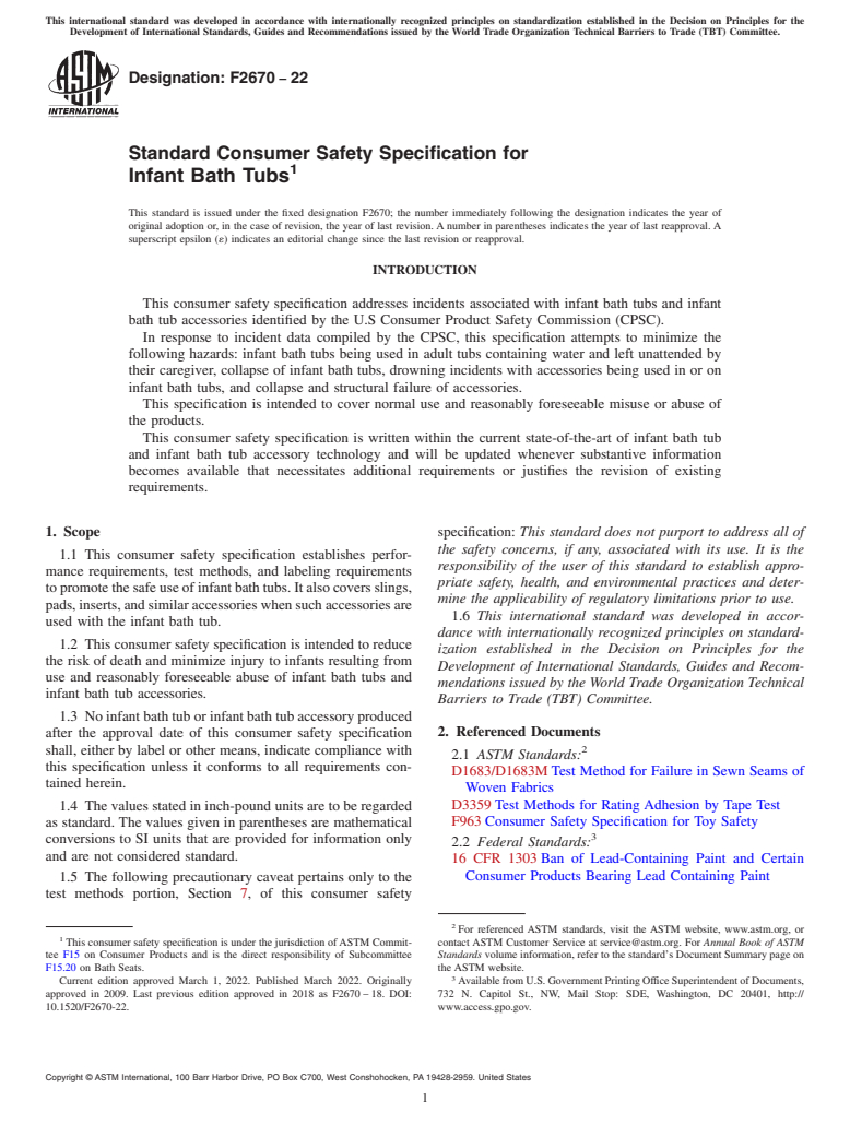 ASTM F2670-22 - Standard Consumer Safety Specification for  Infant Bath Tubs