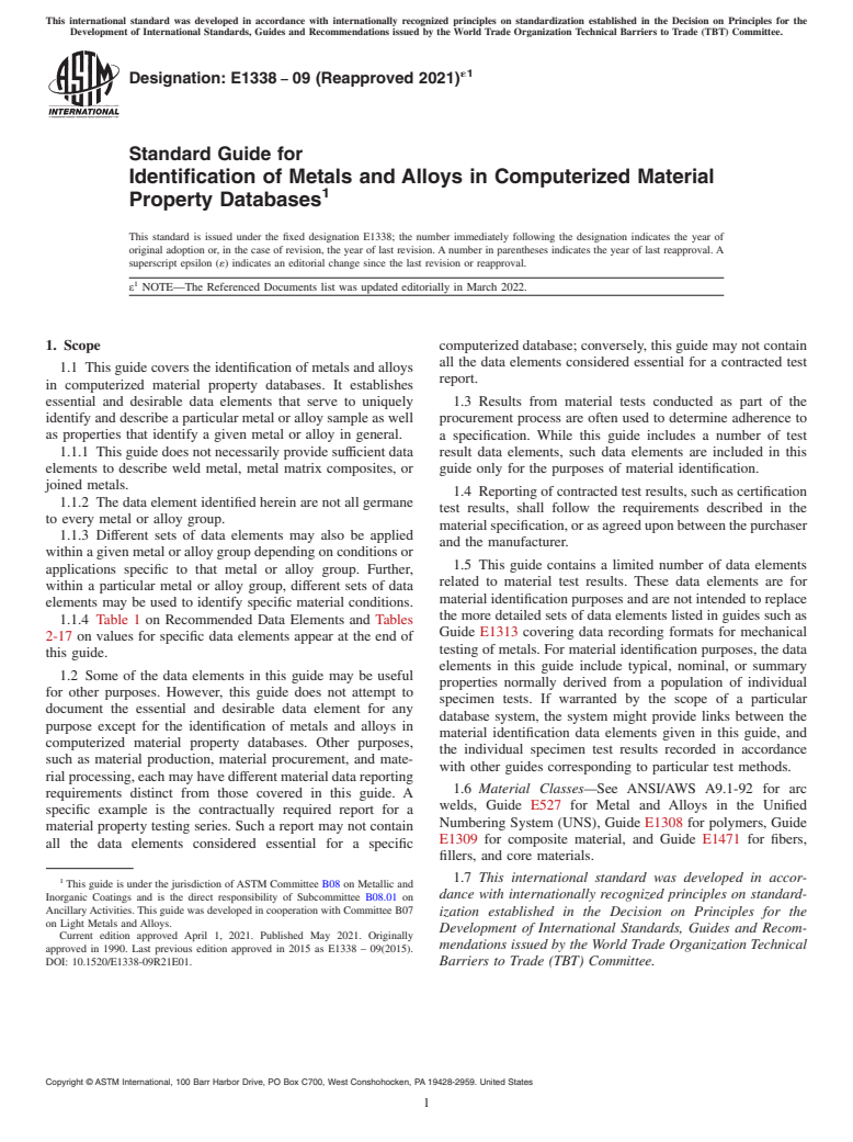 ASTM E1338-09(2021)e1 - Standard Guide for  Identification of Metals and Alloys in Computerized Material  Property Databases