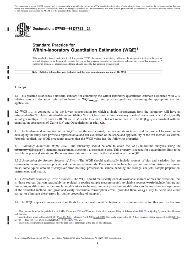 REDLINE ASTM D7783-21 - Standard Practice for Within-laboratory Quantitation Estimation (WQE)