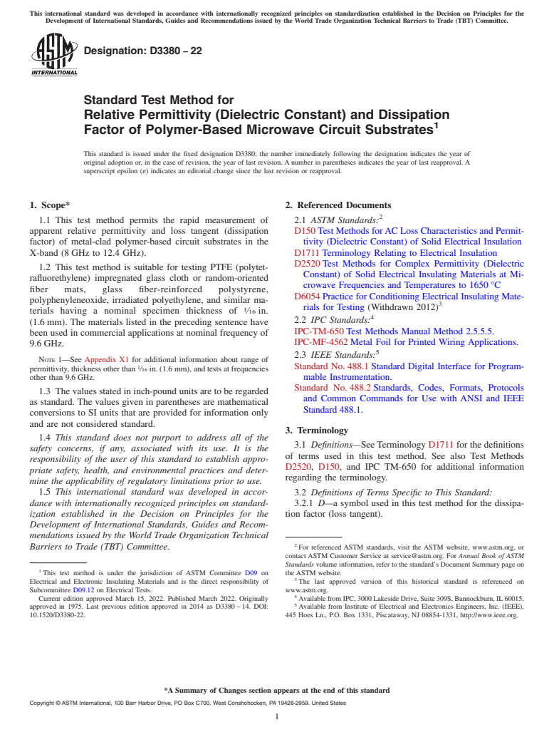 ASTM D3380-22 - Standard Test Method for  Relative Permittivity (Dielectric Constant) and Dissipation  Factor of Polymer-Based Microwave Circuit Substrates