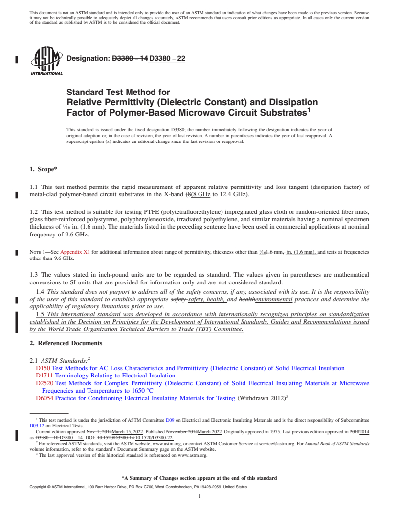 REDLINE ASTM D3380-22 - Standard Test Method for  Relative Permittivity (Dielectric Constant) and Dissipation  Factor of Polymer-Based Microwave Circuit Substrates