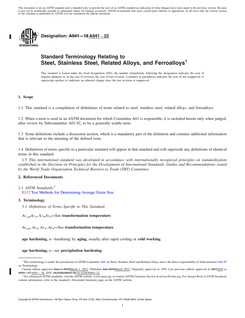 REDLINE ASTM A941-22 - Standard Terminology Relating to  Steel, Stainless Steel, Related Alloys, and Ferroalloys