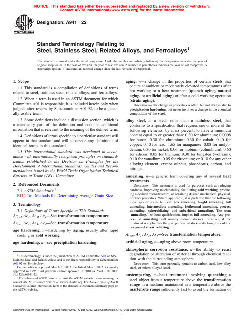 ASTM A941-22 - Standard Terminology Relating to  Steel, Stainless Steel, Related Alloys, and Ferroalloys