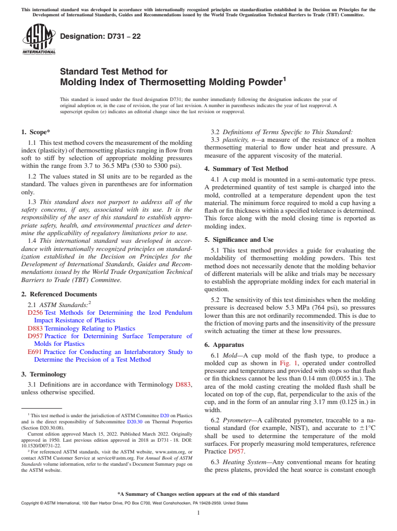 ASTM D731-22 - Standard Test Method for  Molding Index of Thermosetting Molding Powder