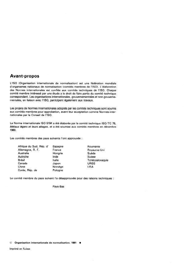 ISO 5194:1981 ISO 5194:1981 - Aluminium et alliages d'aluminium -- Dosage du zinc -- Méthode par spectrométrie d'absorption atomique dans la flamme - Page 2 preview