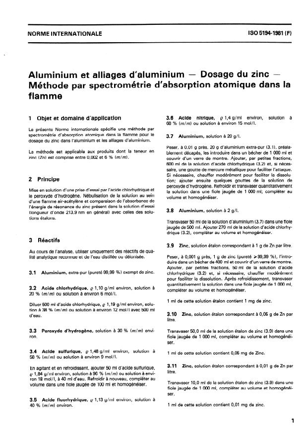 ISO 5194:1981 - Aluminium et alliages d'aluminium -- Dosage du zinc -- Méthode par spectrométrie d'absorption atomique dans la flamme