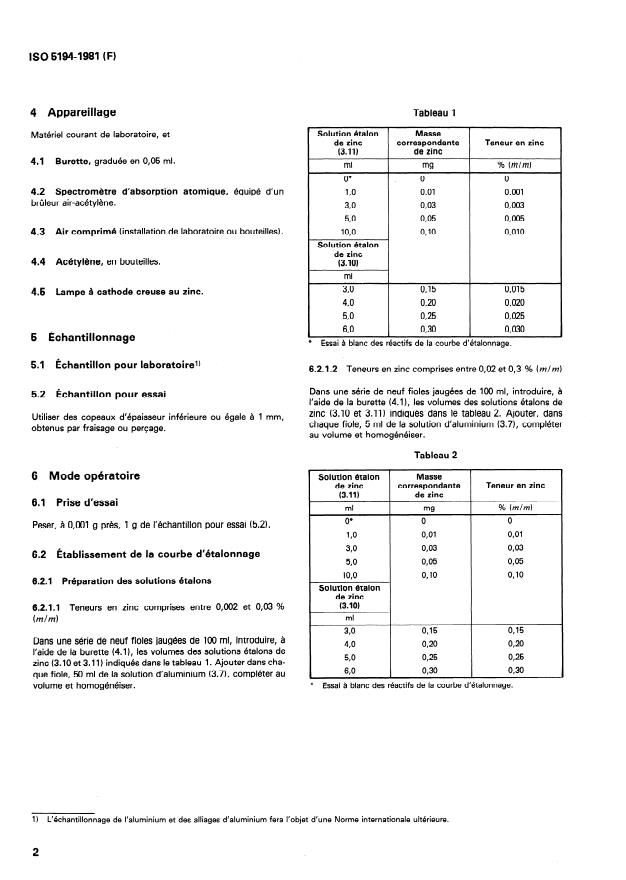 ISO 5194:1981 ISO 5194:1981 - Aluminium et alliages d'aluminium -- Dosage du zinc -- Méthode par spectrométrie d'absorption atomique dans la flamme - Page 4 preview