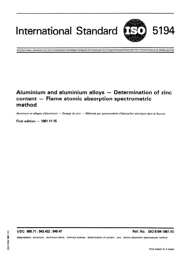 ISO 5194:1981 - Aluminium and aluminium alloys -- Determination of zinc content -- Flame atomic absorption spectrometric method