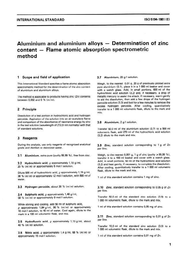ISO 5194:1981 - Aluminium and aluminium alloys -- Determination of zinc content -- Flame atomic absorption spectrometric method