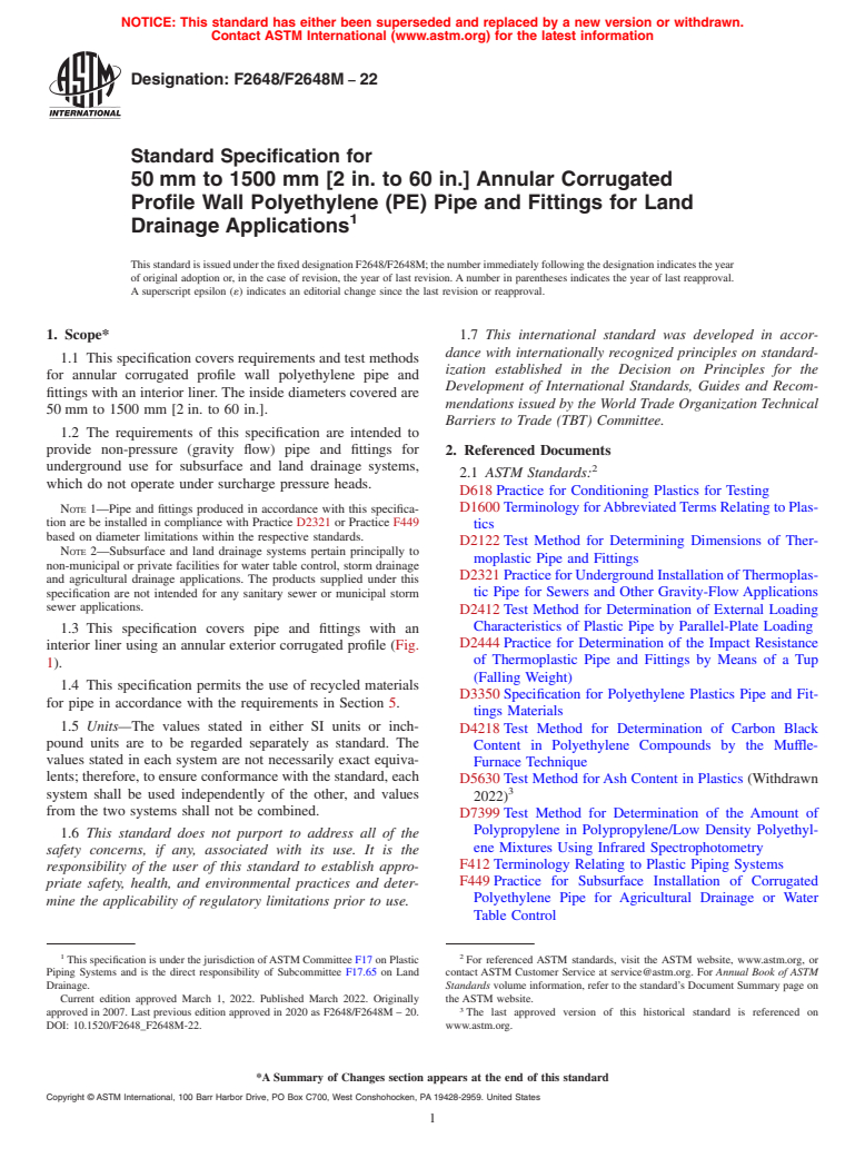ASTM F2648/F2648M-22 - Standard Specification for 50 mm to 1500 mm [2 in. to 60 in.] Annular Corrugated  Profile Wall  Polyethylene  (PE) Pipe and Fittings for Land Drainage  Applications