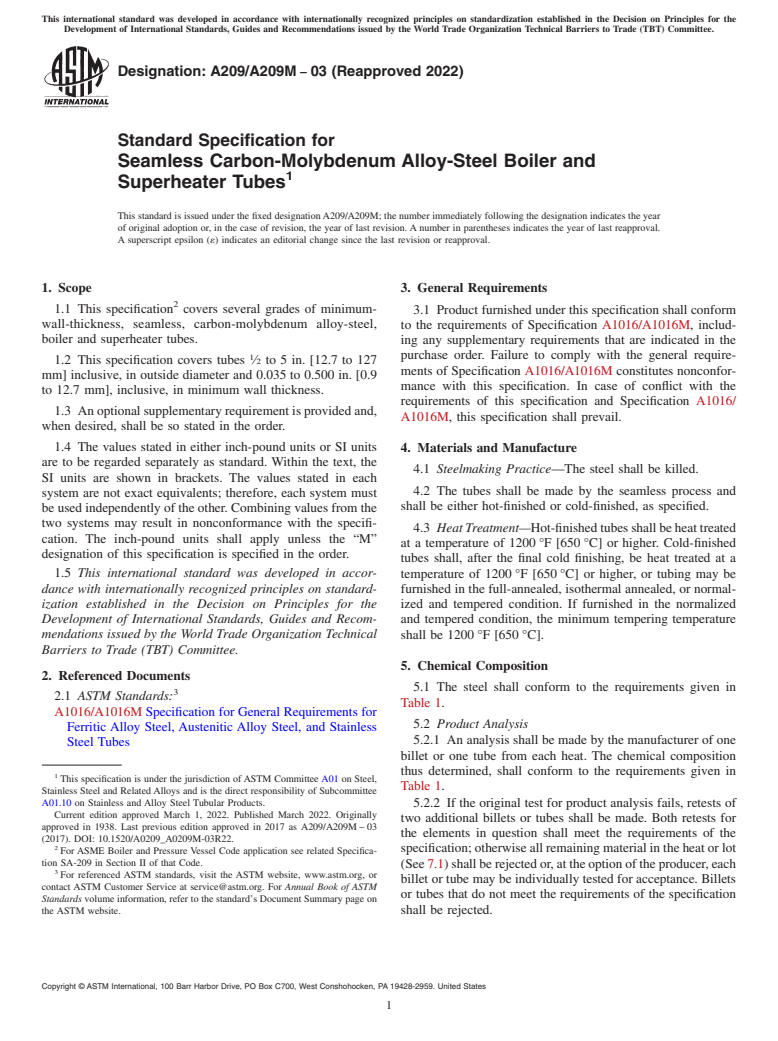 ASTM A209/A209M-03(2022) - Standard Specification for  Seamless Carbon-Molybdenum Alloy-Steel Boiler and Superheater  Tubes