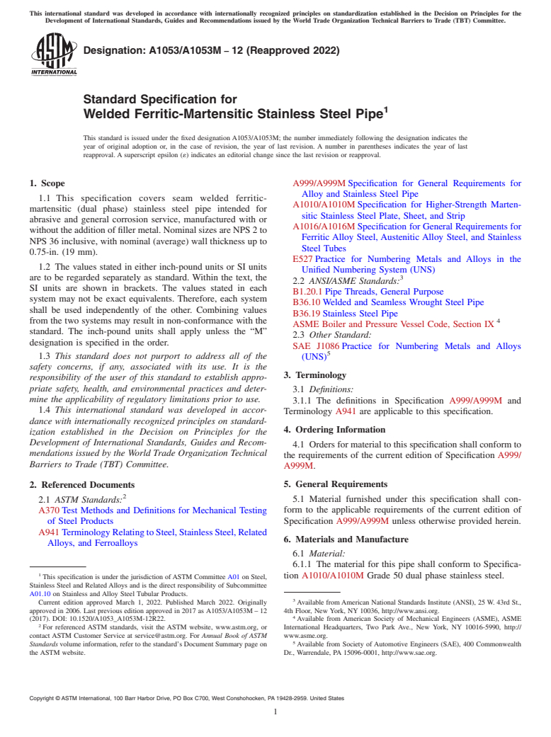 ASTM A1053/A1053M-12(2022) - Standard Specification for Welded Ferritic-Martensitic Stainless Steel Pipe