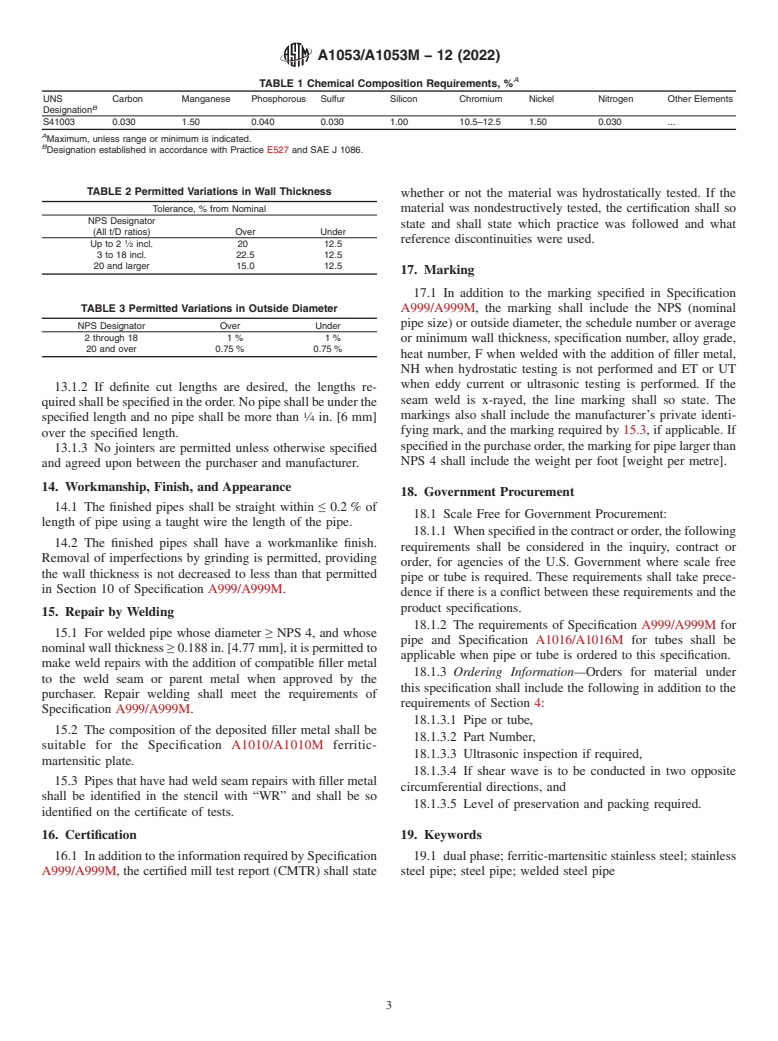 ASTM A1053/A1053M-12(2022) - Standard Specification for Welded Ferritic-Martensitic Stainless Steel Pipe