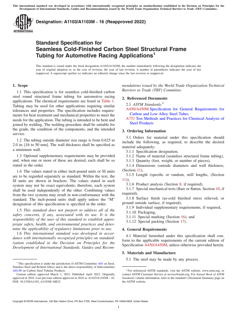 ASTM A1103/A1103M-16(2022) - Standard Specification for Seamless Cold-Finished Carbon Steel Structural Frame Tubing  for Automotive Racing Applications
