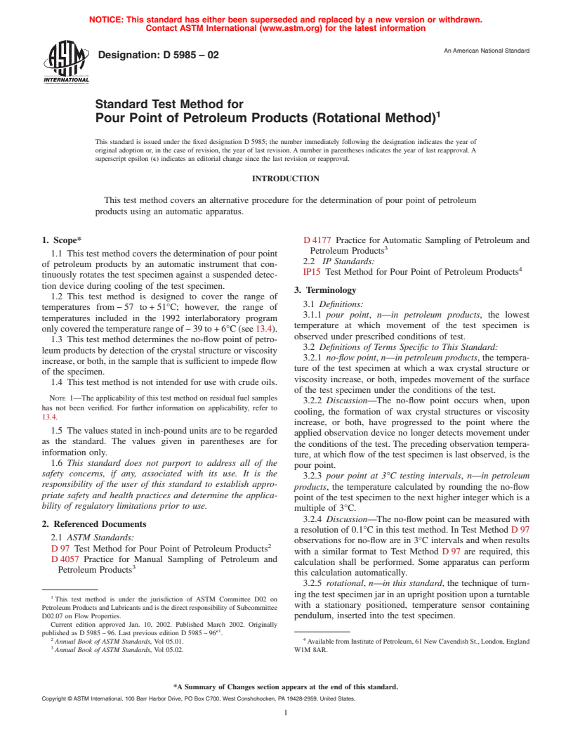 ASTM D5985-02 - Standard Test Method for Pour Point of Petroleum Products (Rotational Method)