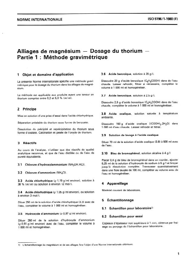 ISO 5196-1:1980 - Alliages de magnésium -- Dosage du thorium