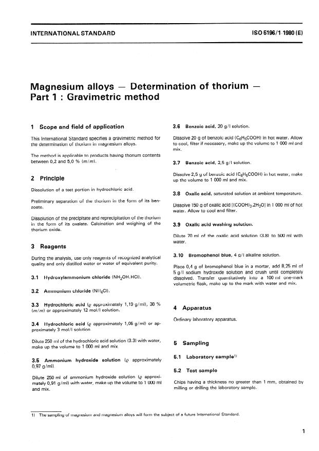 ISO 5196-1:1980 - Magnesium alloys -- Determination of thorium