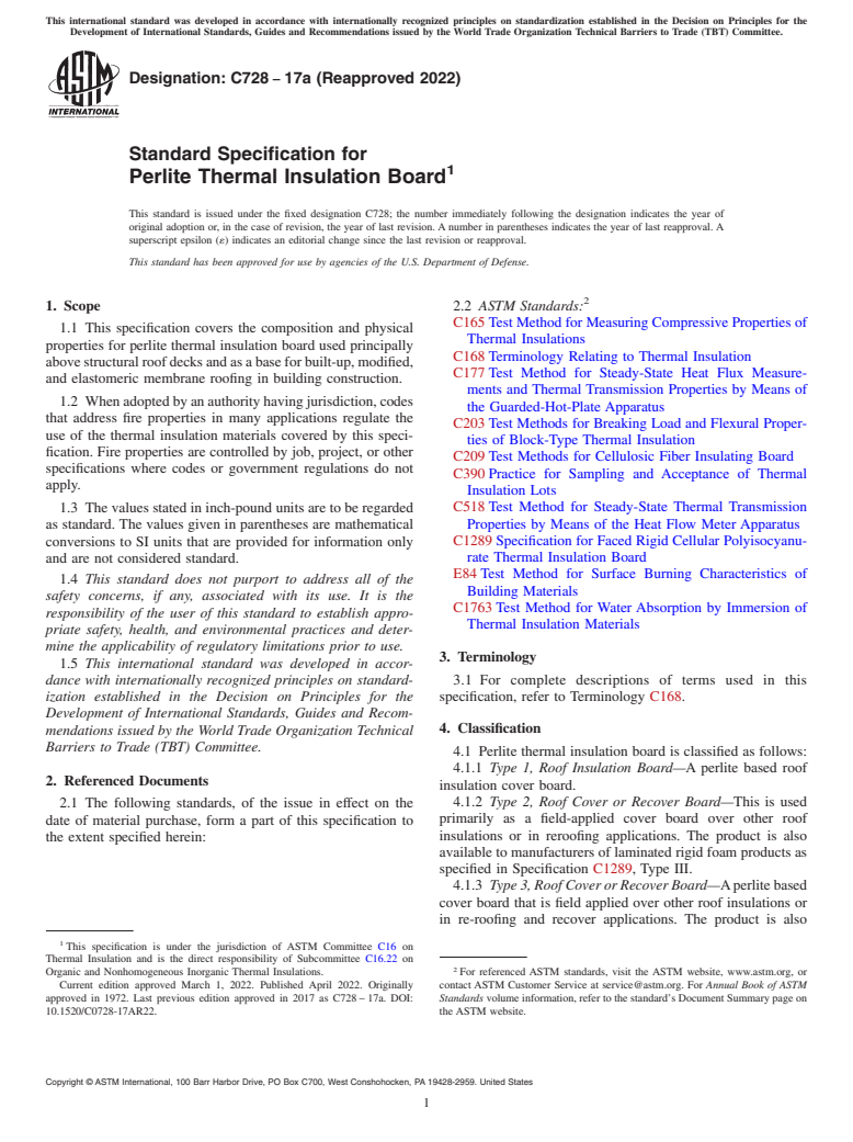 ASTM C728-17a(2022) - Standard Specification for Perlite Thermal Insulation Board