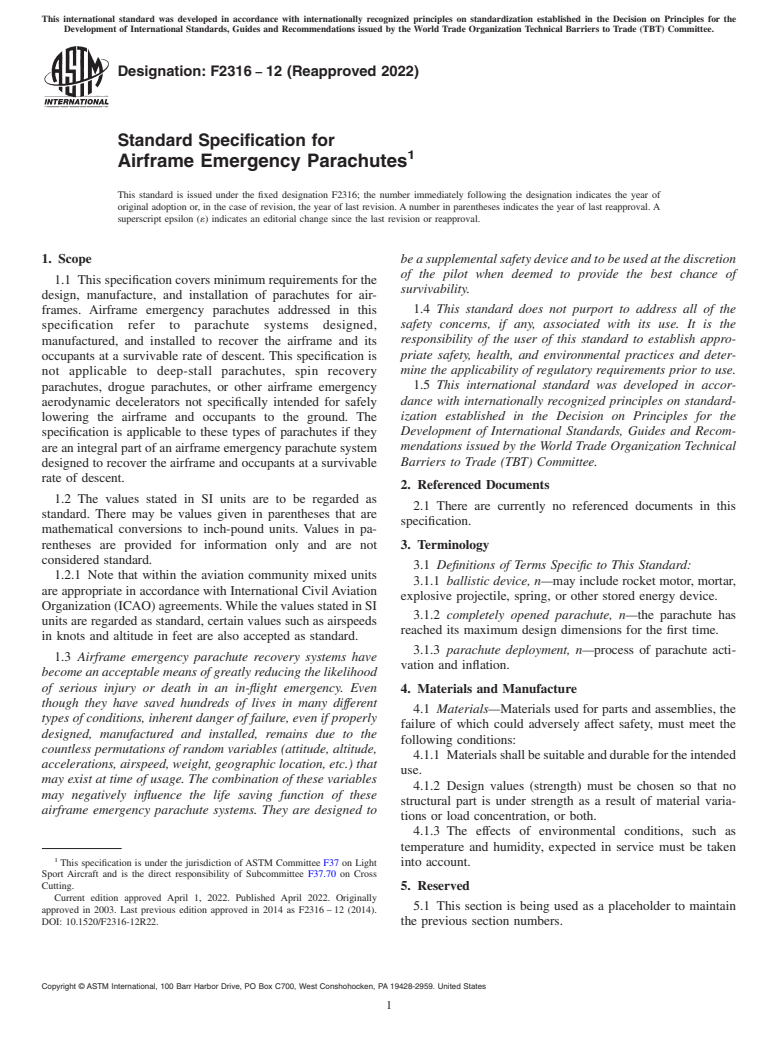 ASTM F2316-12(2022) - Standard Specification for Airframe Emergency Parachutes