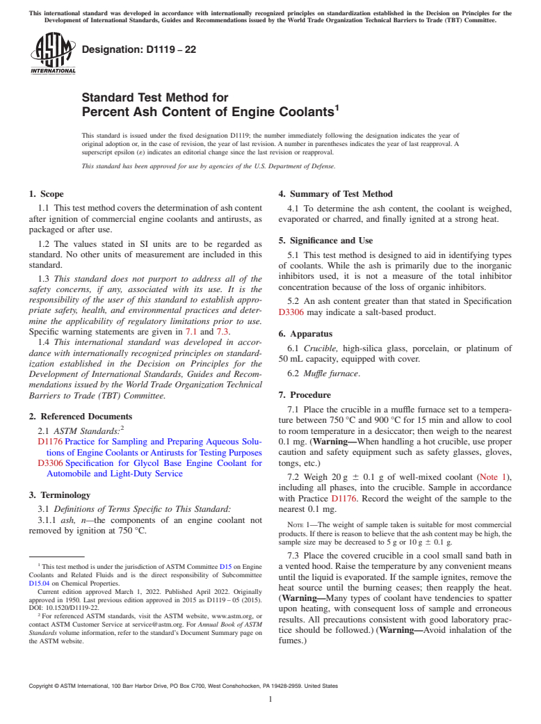 ASTM D1119-22 - Standard Test Method for Percent Ash Content of Engine Coolants
