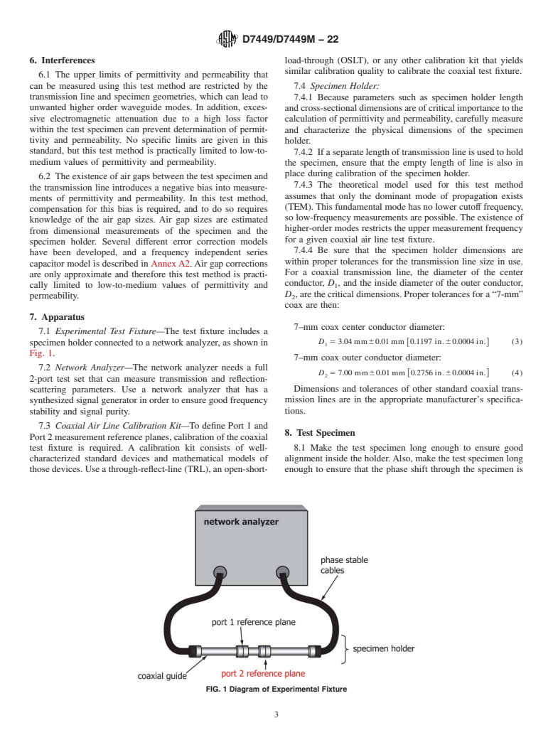 ASTM D7449/D7449M-22 - Standard Test Method for  Measuring Relative Complex Permittivity and Relative Magnetic  Permeability of Solid Materials at Microwave Frequencies Using Coaxial  Air Line