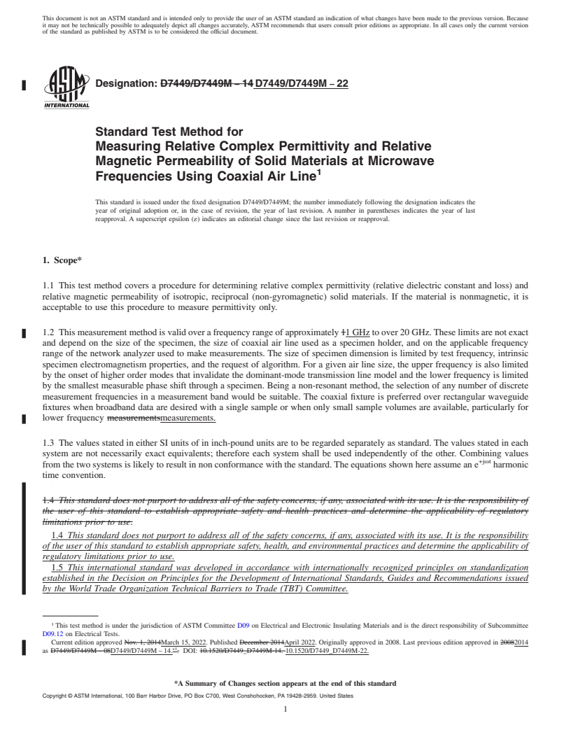 REDLINE ASTM D7449/D7449M-22 - Standard Test Method for  Measuring Relative Complex Permittivity and Relative Magnetic  Permeability of Solid Materials at Microwave Frequencies Using Coaxial  Air Line