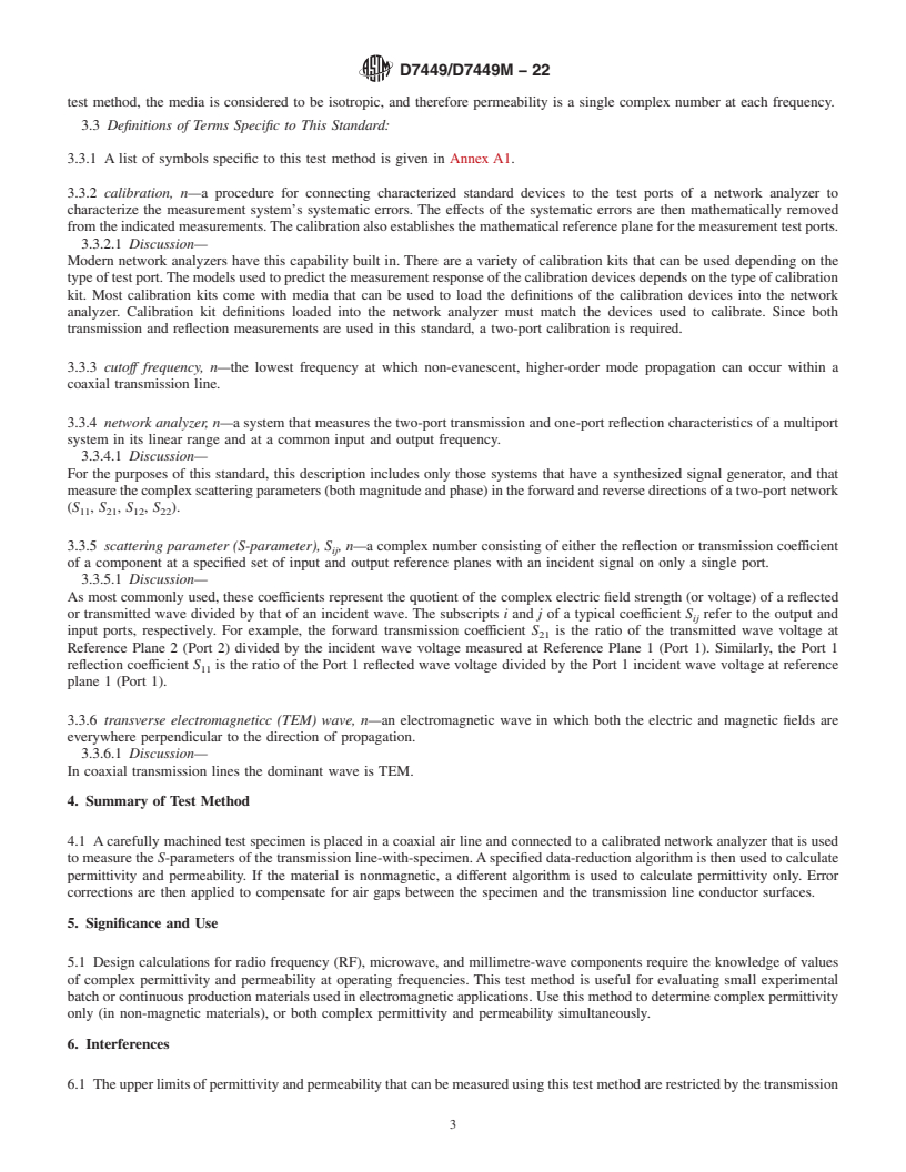 REDLINE ASTM D7449/D7449M-22 - Standard Test Method for  Measuring Relative Complex Permittivity and Relative Magnetic  Permeability of Solid Materials at Microwave Frequencies Using Coaxial  Air Line