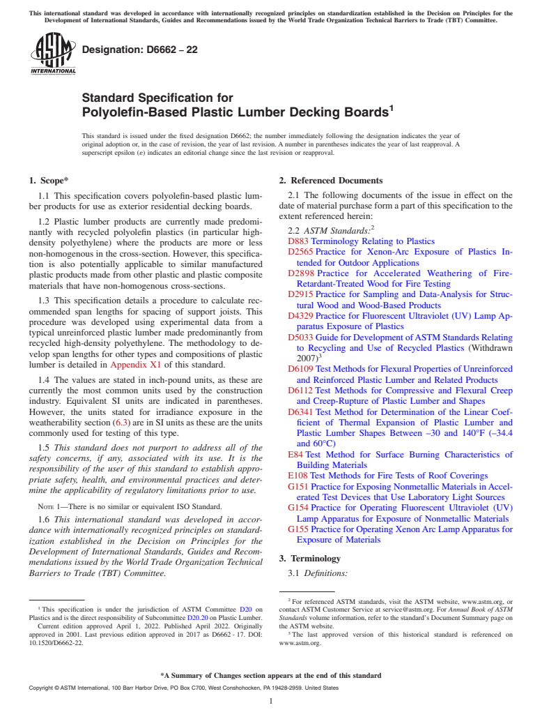 ASTM D6662-22 - Standard Specification for  Polyolefin-Based Plastic Lumber Decking Boards