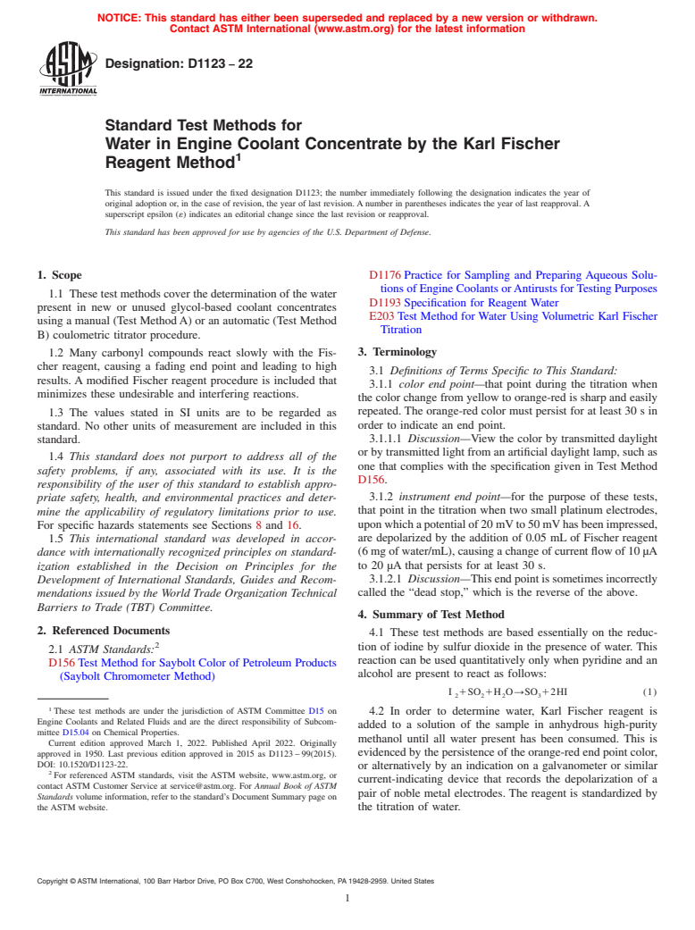 ASTM D1123-22 - Standard Test Methods for Water in Engine Coolant Concentrate by the Karl Fischer Reagent  Method