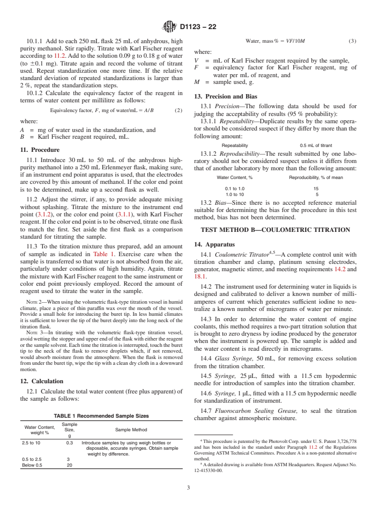 ASTM D1123-22 - Standard Test Methods for Water in Engine Coolant Concentrate by the Karl Fischer Reagent  Method