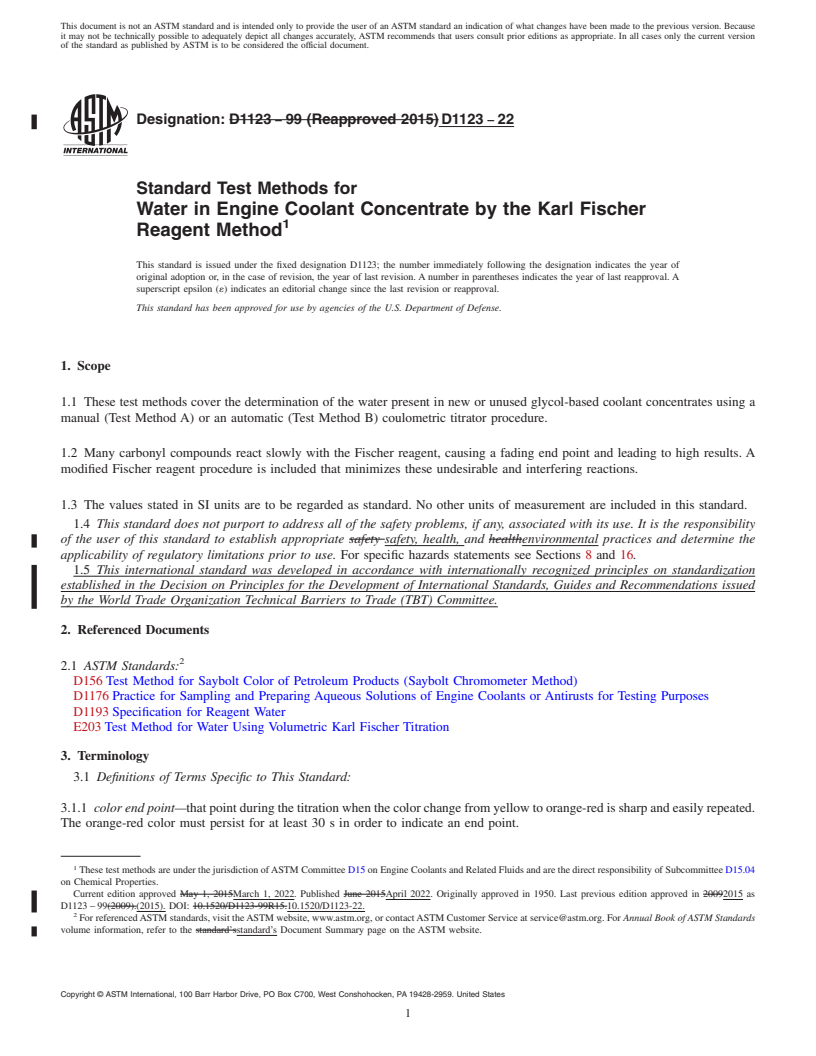 REDLINE ASTM D1123-22 - Standard Test Methods for Water in Engine Coolant Concentrate by the Karl Fischer Reagent  Method