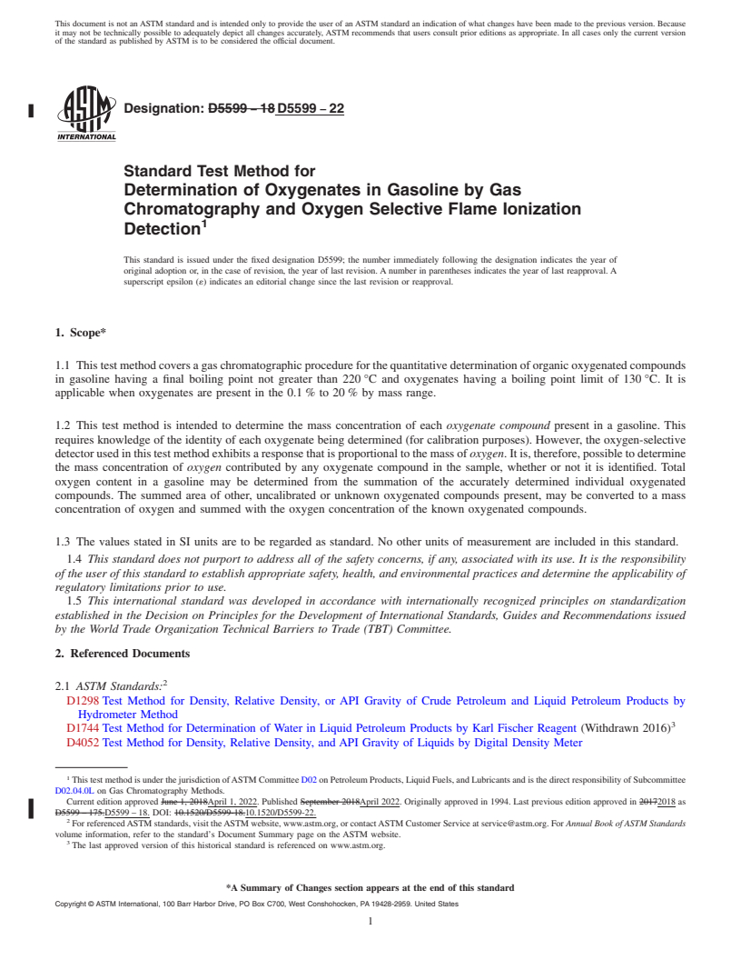 REDLINE ASTM D5599-22 - Standard Test Method for  Determination of Oxygenates in Gasoline by Gas Chromatography   and Oxygen Selective Flame Ionization Detection