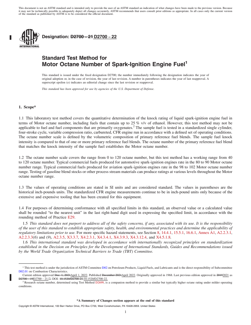 REDLINE ASTM D2700-22 - Standard Test Method for Motor Octane Number of Spark-Ignition Engine Fuel