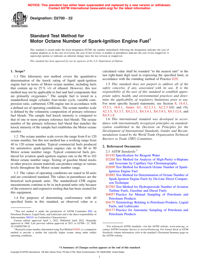 ASTM D2700-22 - Standard Test Method for Motor Octane Number of Spark-Ignition Engine Fuel