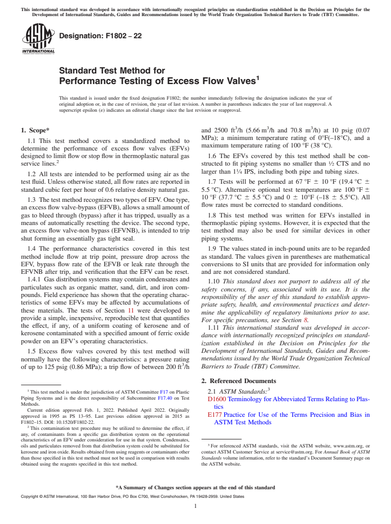 ASTM F1802-22 - Standard Test Method for  Performance Testing of Excess Flow Valves