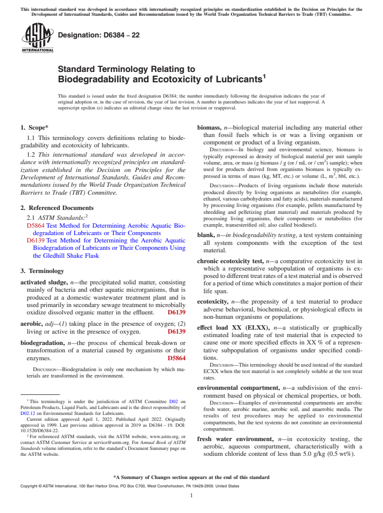 ASTM D6384-22 - Standard Terminology Relating to Biodegradability and Ecotoxicity of Lubricants