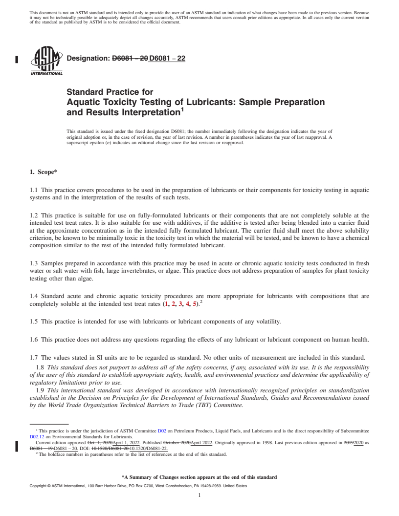 REDLINE ASTM D6081-22 - Standard Practice for  Aquatic Toxicity Testing of Lubricants: Sample Preparation  and Results Interpretation