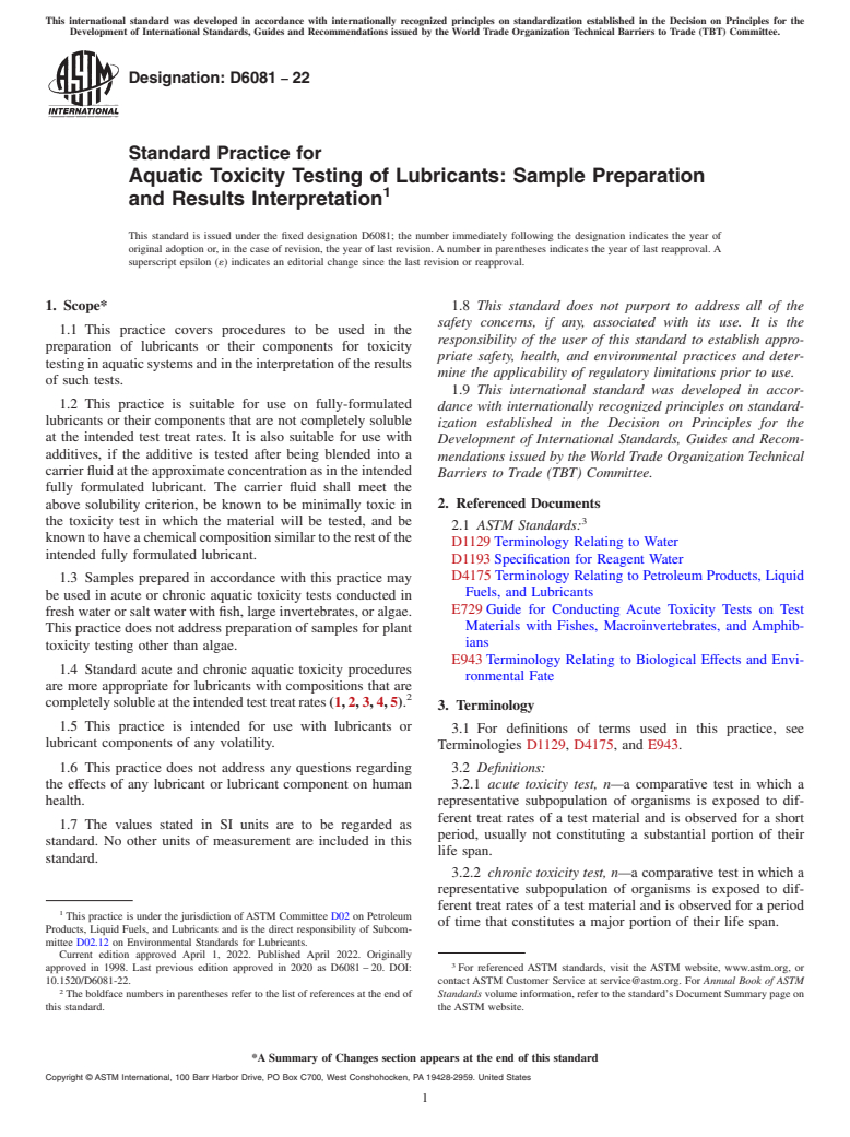 ASTM D6081-22 - Standard Practice for  Aquatic Toxicity Testing of Lubricants: Sample Preparation  and Results Interpretation