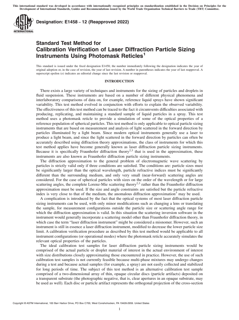 ASTM E1458-12(2022) - Standard Test Method for  Calibration Verification of Laser Diffraction Particle Sizing  Instruments Using Photomask Reticles