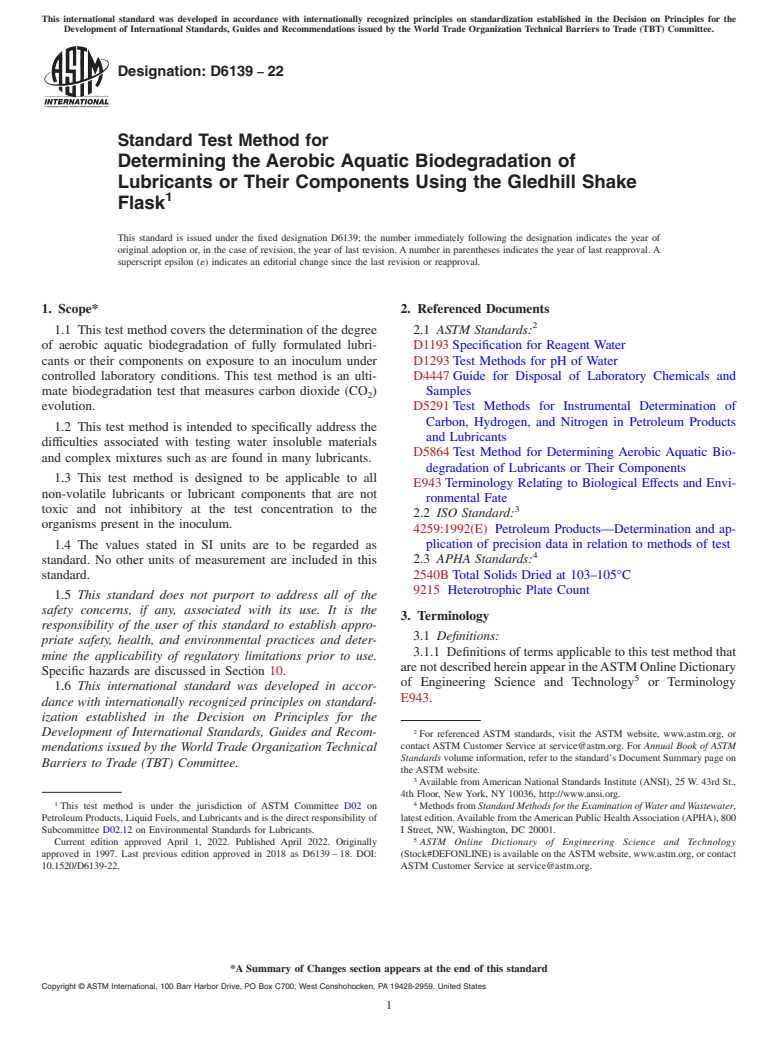 ASTM D6139-22 - Standard Test Method for Determining the Aerobic Aquatic Biodegradation of Lubricants  or Their Components Using the Gledhill Shake Flask
