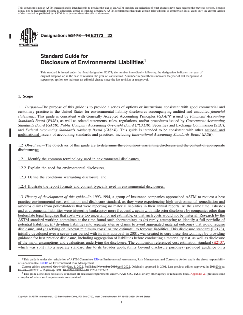 REDLINE ASTM E2173-22 - Standard Guide for  Disclosure of Environmental Liabilities