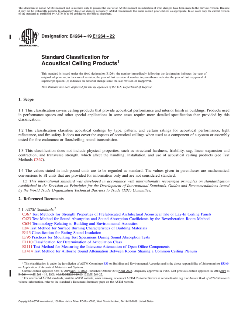 REDLINE ASTM E1264-22 - Standard Classification for Acoustical Ceiling Products