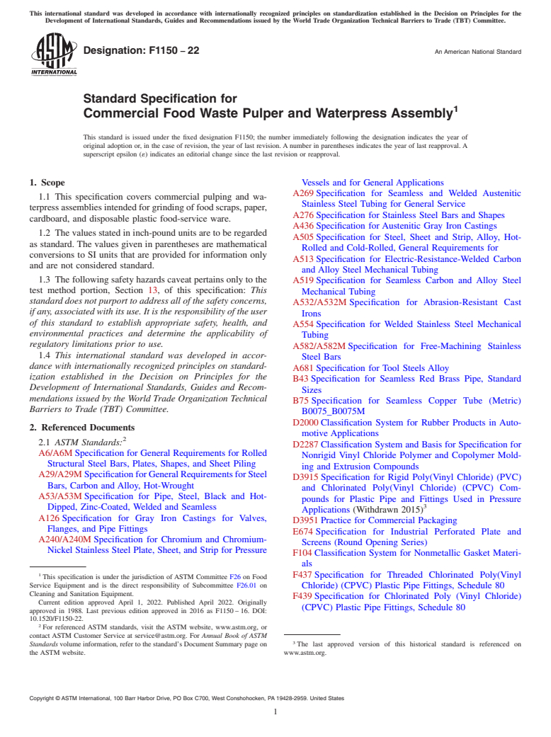 ASTM F1150-22 - Standard Specification for  Commercial Food Waste Pulper and Waterpress Assembly