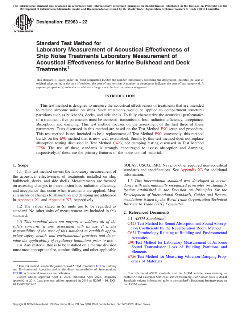 ASTM E2963-22 - Standard Test Method for Laboratory Measurement of Acoustical Effectiveness of Ship  Noise Treatments Laboratory Measurement of Acoustical Effectiveness  for Marine Bulkhead and Deck Treatments