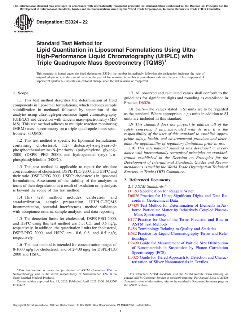 ASTM E3324-22 - Standard Test Method for Lipid Quantitation in Liposomal Formulations Using Ultra-High-Performance  Liquid Chromatography (UHPLC) with Triple Quadrupole Mass Spectrometry  (TQMS)