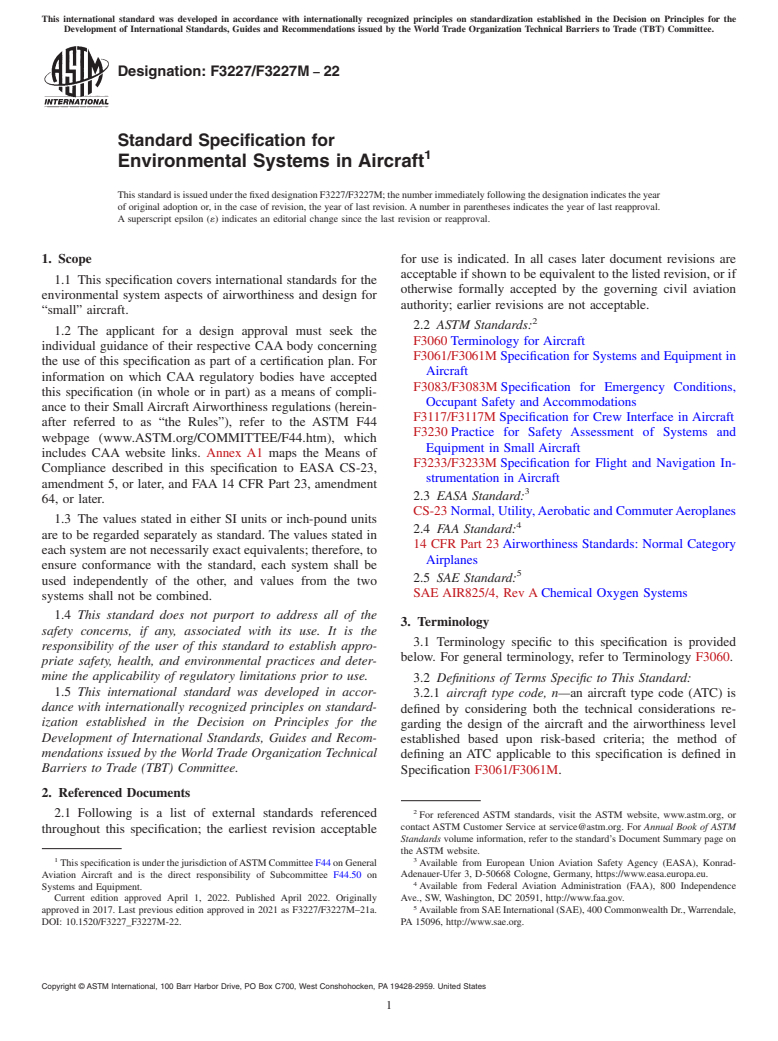 ASTM F3227/F3227M-22 - Standard Specification for Environmental Systems in Aircraft