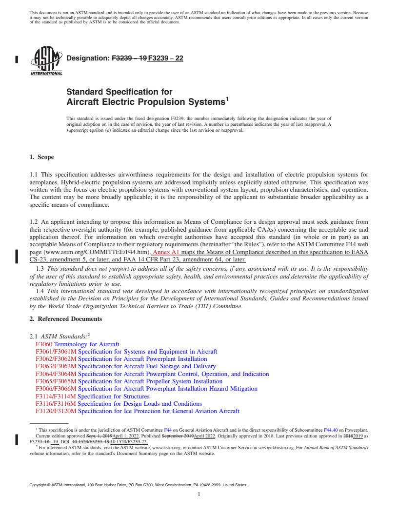 REDLINE ASTM F3239-22 - Standard Specification for Aircraft Electric Propulsion Systems