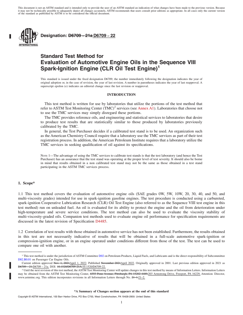 REDLINE ASTM D6709-22 - Standard Test Method for  Evaluation of Automotive Engine Oils in the Sequence VIII Spark-Ignition   Engine (CLR Oil Test Engine)