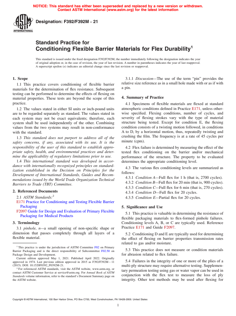 ASTM F392/F392M-21 - Standard Practice for  Conditioning Flexible Barrier Materials for Flex  Durability