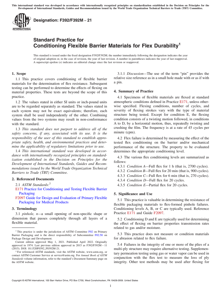 ASTM F392/F392M-21 - Standard Practice for  Conditioning Flexible Barrier Materials for Flex  Durability